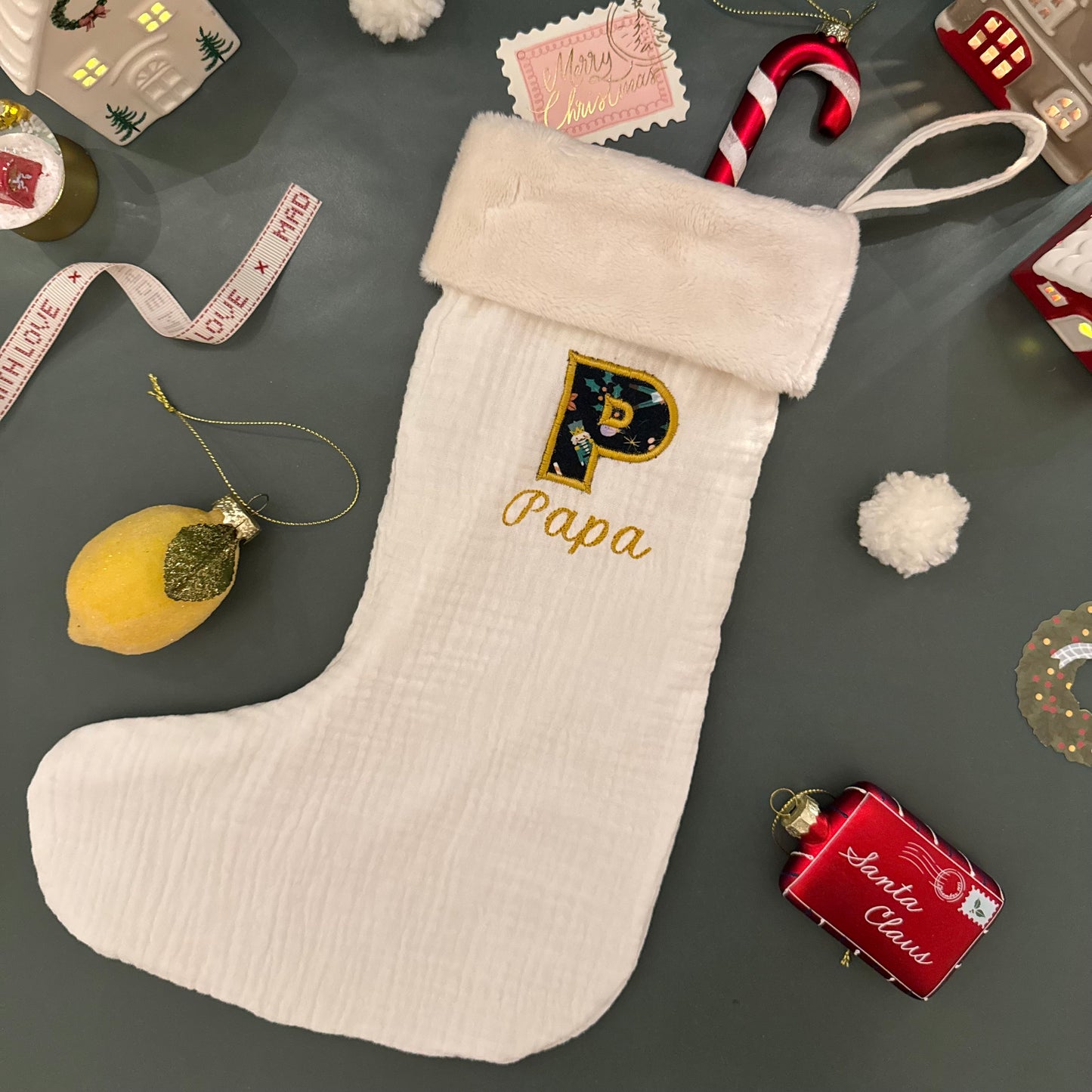 Chaussette de Noël personnalisée – Broderie prénom – Fait main en France