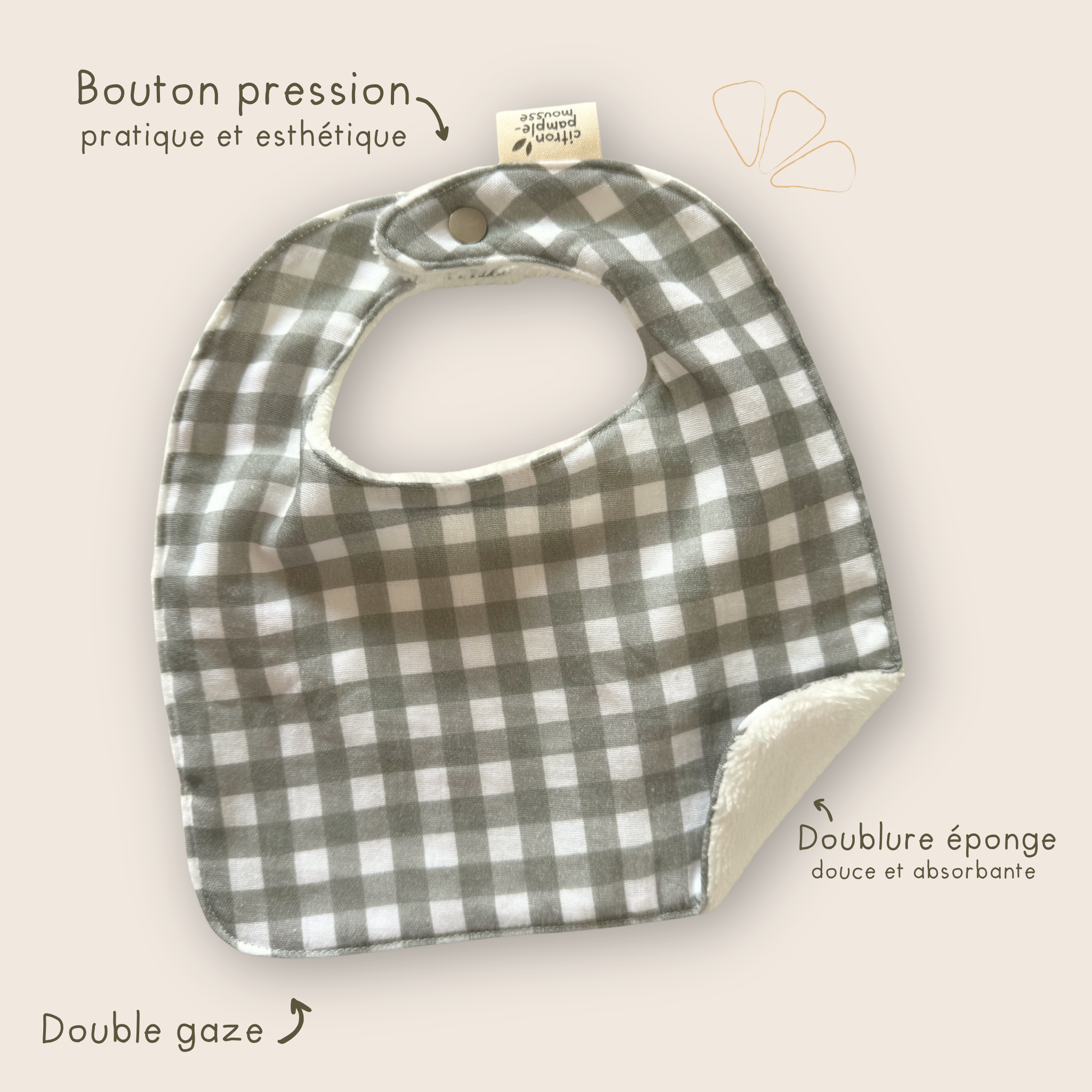 bavoir bébé maxi ltra absorbant vichy kaki double gaze coton
