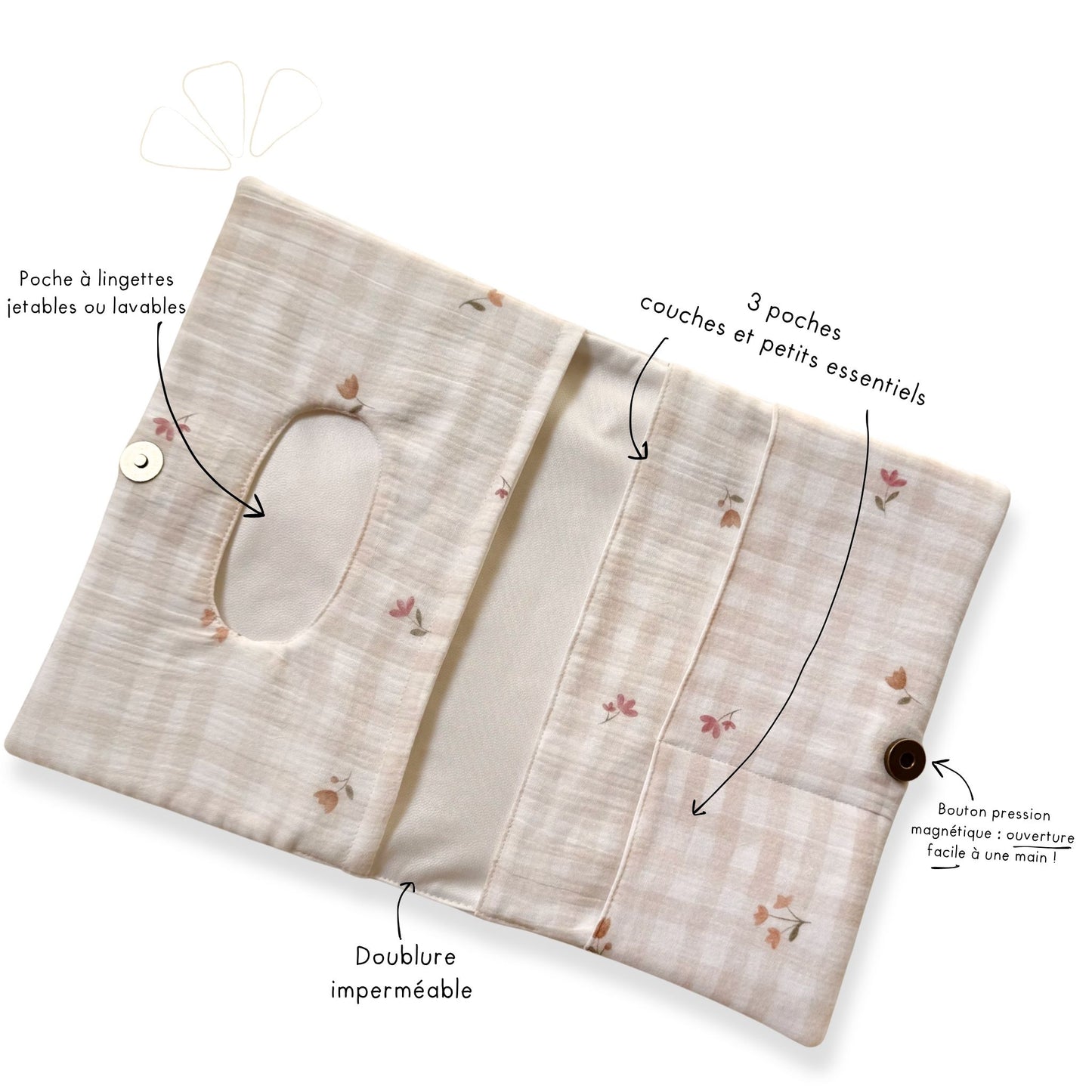 pochette à langer nomade cadeau bébé fille organisateur sac à langer vichy beige fleurs