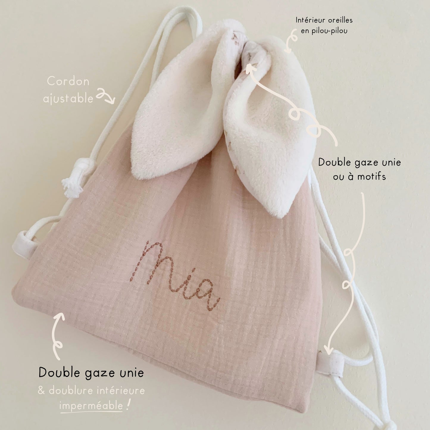 Sac à dos lapin personnalisé sur mesure - Taille S (1-3ans)