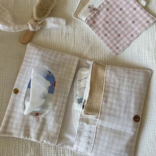 Pochette à langer bébé vichy beige double gaze coton organisateur sac à langer 