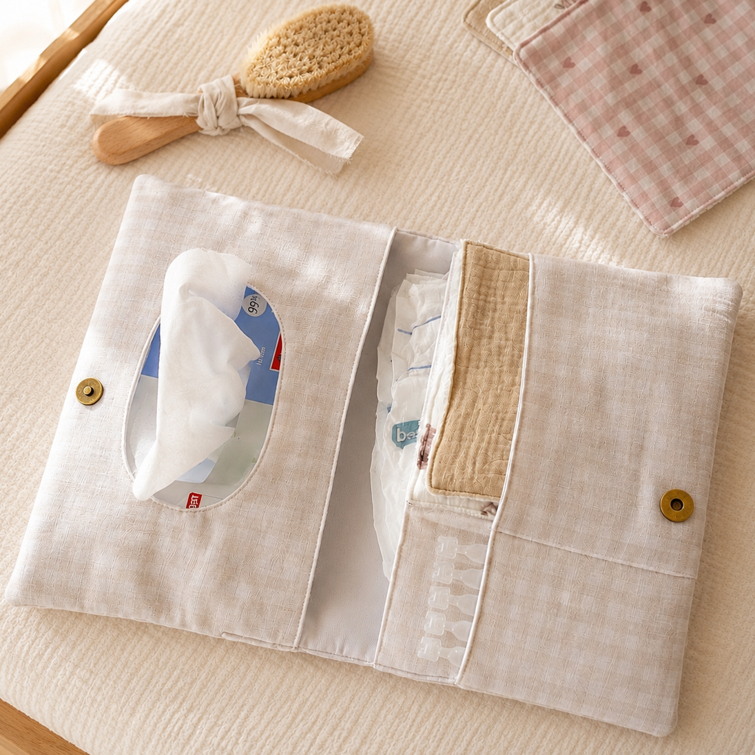 Pochette à langer bébé vichy beige double gaze coton organisateur sac à langer