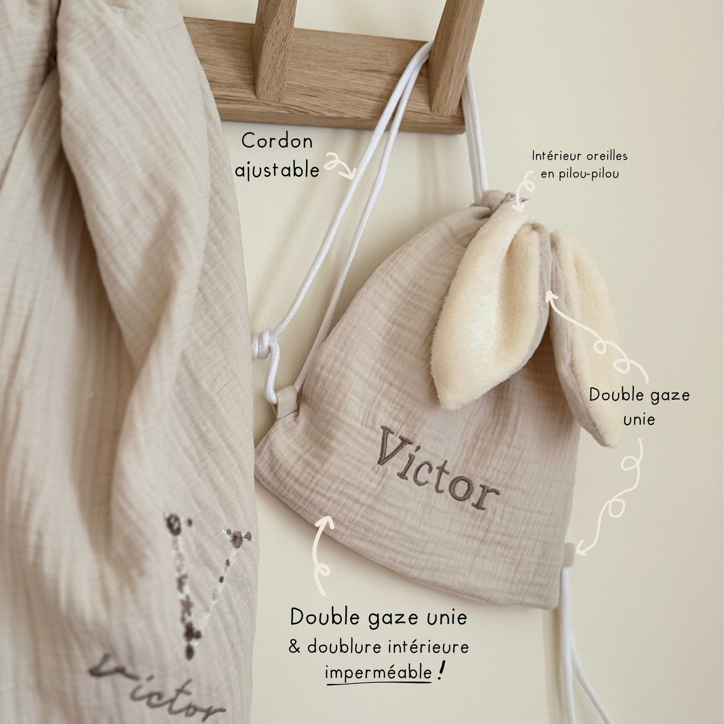 Sac à dos lapin personnalisé sur mesure - Taille S (1-3ans)