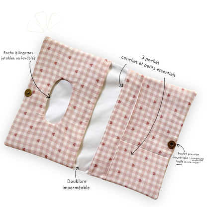 pochette à langer double gaze vichy coeur cadeau bébé fille